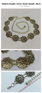 Detail of hollow floral metal waist chain showing dimensions 52cm pattern and 58cm chain