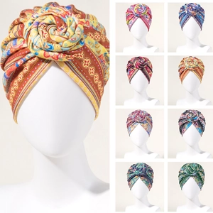 Women Turban Hat Bohemian Print Soft Polyester Ethnic African Style Headwrap With Large Rosette Flower Decor