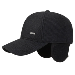 Winter wool baseball cap for men with ear flaps and silver SPORT metal logo in black