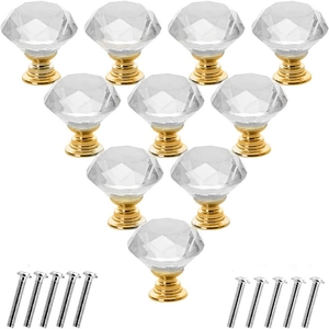 Set of 10 clear crystal glass knobs with gold alloy base and mounting screws for cabinets