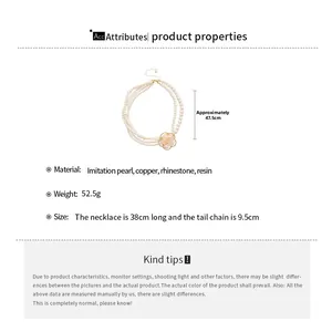 Detailed size chart for multi-layer pearl necklace with rose pendant and dimensions