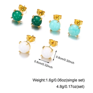 Detailed view of 18k gold earrings set with green, turquoise, and white natural stones