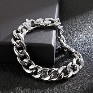 Men's silver stainless steel Cuban link bracelet with engraved square buckle clasp
