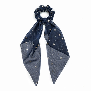 Navy blue star pattern chiffon hair scrunchie with long ribbons for elegant ponytail styling