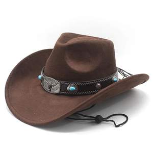 Western Cowboy Hat Faux Suede Wide Curled Brim Vintage Ethnic Bull Head Buckle Turquoise Beads Fedora For Men Women