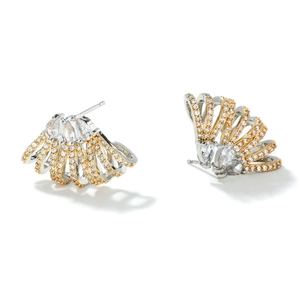 Luxury fan-shaped tiered stud earrings with silver and gold plating and cubic zirconia