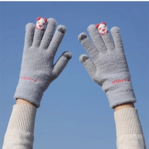 Cute grey knitted touchscreen gloves for women, warm winter thermal five-finger mittens.