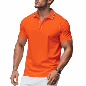 Detail of orange polo shirt showing striped collar trim and breathable cotton texture