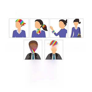 Illustrations showing multiple ways to wear a rainbow striped bandana for pets and humans