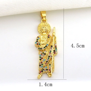 Detailed view of Saint Jude pendant measuring 4.5cm by 1.4cm with colorful zircon stones