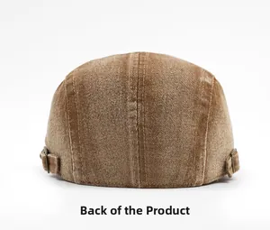 Rear view of brown washed cotton beret with adjustable metal buckles and vintage texture