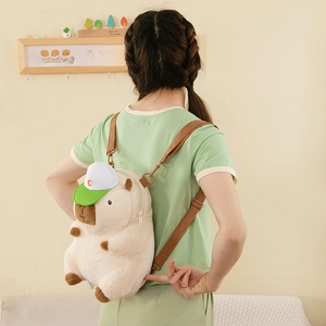 Detail view of a Capybara plush backpack with adjustable straps worn by a child