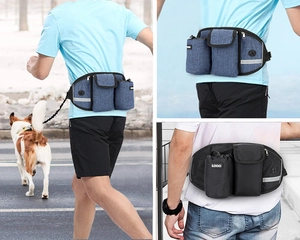 Outdoor running waist bag with water bottle holder and leash for dog walking sports
