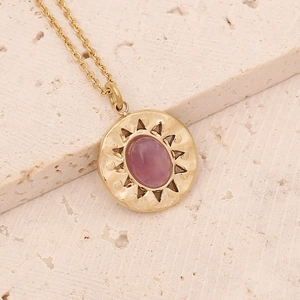 Gold stainless steel sunburst necklace with oval purple natural stone pendant