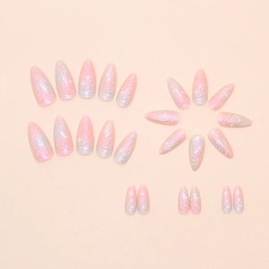 Pink and blue gradient almond press-on nails with white star patterns and pearly finish
