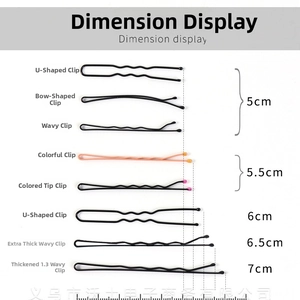 Size chart showing various 5cm to 7cm black metal bobby pins and U-shaped hair clips