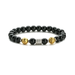 Mens stainless steel bracelet with black tiger eye beads and golden volcanic accents