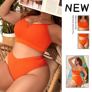 Damen Badebekleidung Große Größen Nylon Spandex Geripptes V-Ausschnitt Top Und Hohe Taille Hose Orange Solid Strand Urlaub