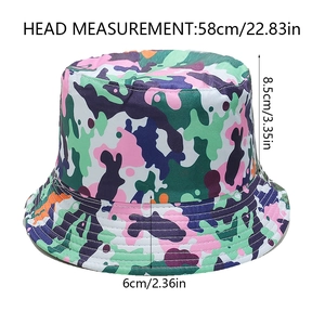 Detailed dimensions of colorful camo bucket hat with 58cm head circumference size chart