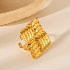 Square 18K gold-plated stainless steel ring with textured wave finish and open adjustable band