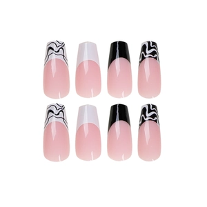 Faux ongles longs coffin avec motifs de vagues noirs et blancs et French de style