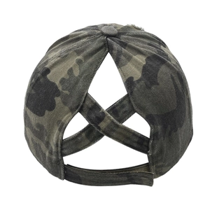 Camo baseball cap with high ponytail criss cross elastic band for outdoor sun protection
