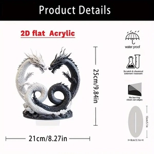 Detailed size chart of the dragon acrylic stand showing height, width and waterproof features