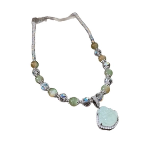 Retro zircon Buddha pendant necklace with green cat-eye stone beads for women