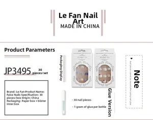 Dettaglio del set di 30 unghie finte a mandorla con colla e specifiche della confezione