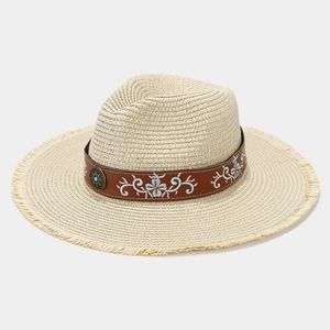 Straw Fedora Hat Wide Brim Frayed Edge Embroidered Leather Band Sun Protection Bohemian Summer Beach Travel Unisex