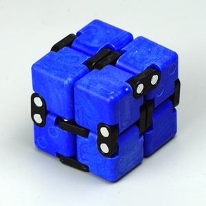 Blue infinity cube stress relief toy with black joints on grey background
