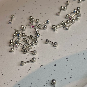 Titanium steel barbell stud earrings with colorful heart shaped zircon gemstones