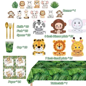 Jungle Safari Party Tableware Animal Shaped Disposable Plates Tropical Leaf Tablecloth Cartoon Banner Birthday Decorations