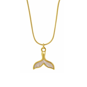 Elegant gold fishtail pendant necklace with white mother-of-pearl inlay on snake chain