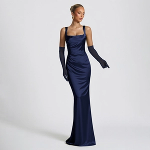 Detail of elegant navy blue satin evening dress with corset bodice and matching gloves