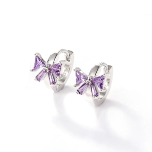 Minimalist S925 sterling silver bow earrings featuring purple zircon stones in silver finish