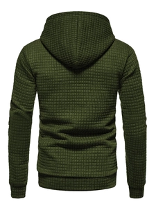 Macro detail of the dark green waffle knit texture on the men's casual hooded sweatshirt