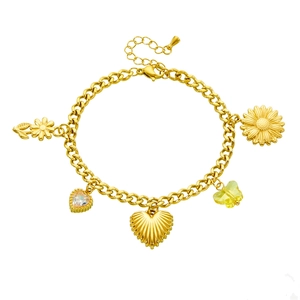 Gold-plated chain bracelet featuring daisy, heart, sunflower, and butterfly charms