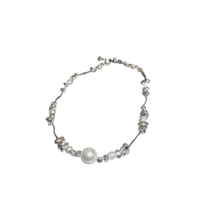 Minimalist silver-tone irregular beads and pearl necklace with adjustable chain clasp