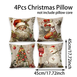 Detailed view of four vintage Christmas pillow covers with hand-drawn festive patterns