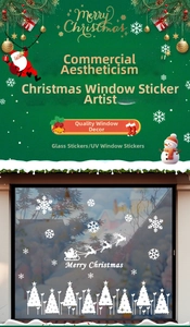 Detailed white Christmas reindeer sleigh window decals with snowflakes and trees