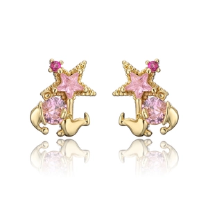 Detail of gold-plated insect style earrings featuring pink star and round zircon stones