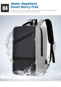 Close-up of waterproof fabric on grey business laptop backpack with water splash effect