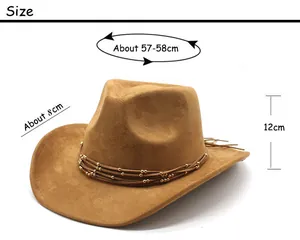 Vue détaillée du chapeau cowboy en daim avec guide des tailles et bord large de 8cm
