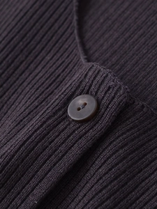 Close-up of matching resin button and ribbed knit texture on a brown cardigan sweater
