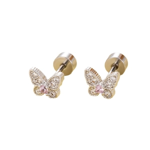Silver butterfly earrings with pink and clear crystals and screw flat back design