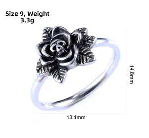 Macro view of vintage stainless steel skull rose ring with weight and size specifications