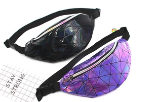 Detail of geometric sequins fanny pack with colorful laser reflection and plastic buckle