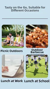 Portable lunch bag shown in four scenarios: picnic, outdoor BBQ, office, and school use