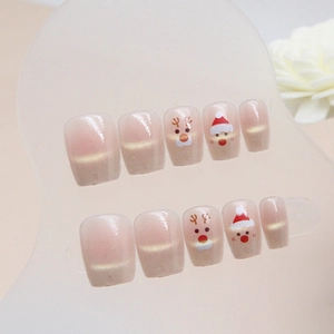 French cat-eye Christmas press-on nails with reindeer and Santa hat designs, 10pcs set